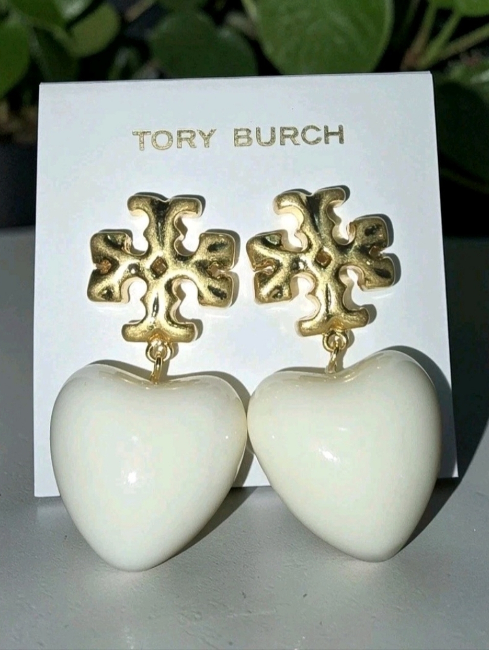 Tory Burch Gold Logo Drop Earrings with White Heart Drops